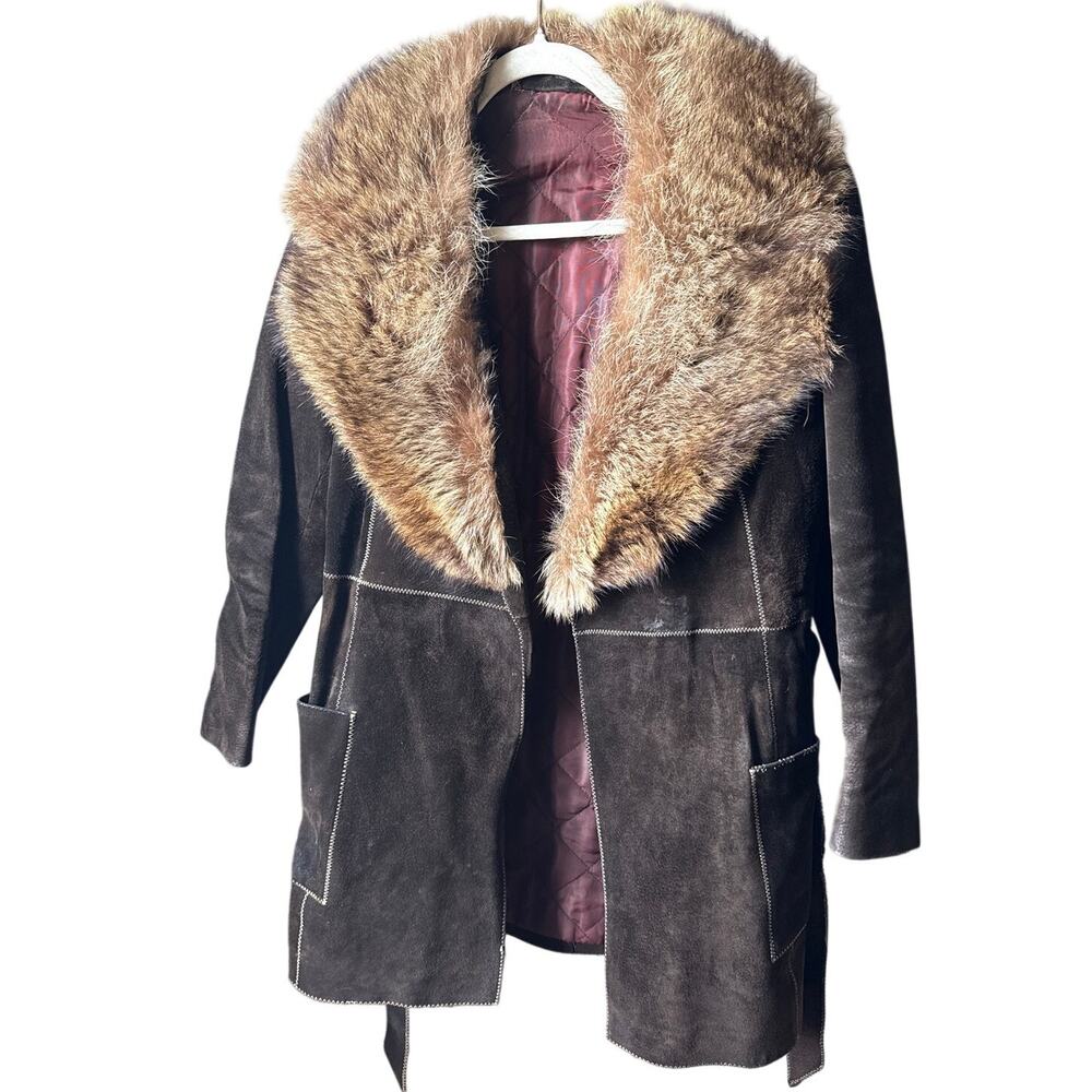 Vintage Leather Jacket Fur Lined Mob Wife Brown Suede 70s Retro Boho Sexy